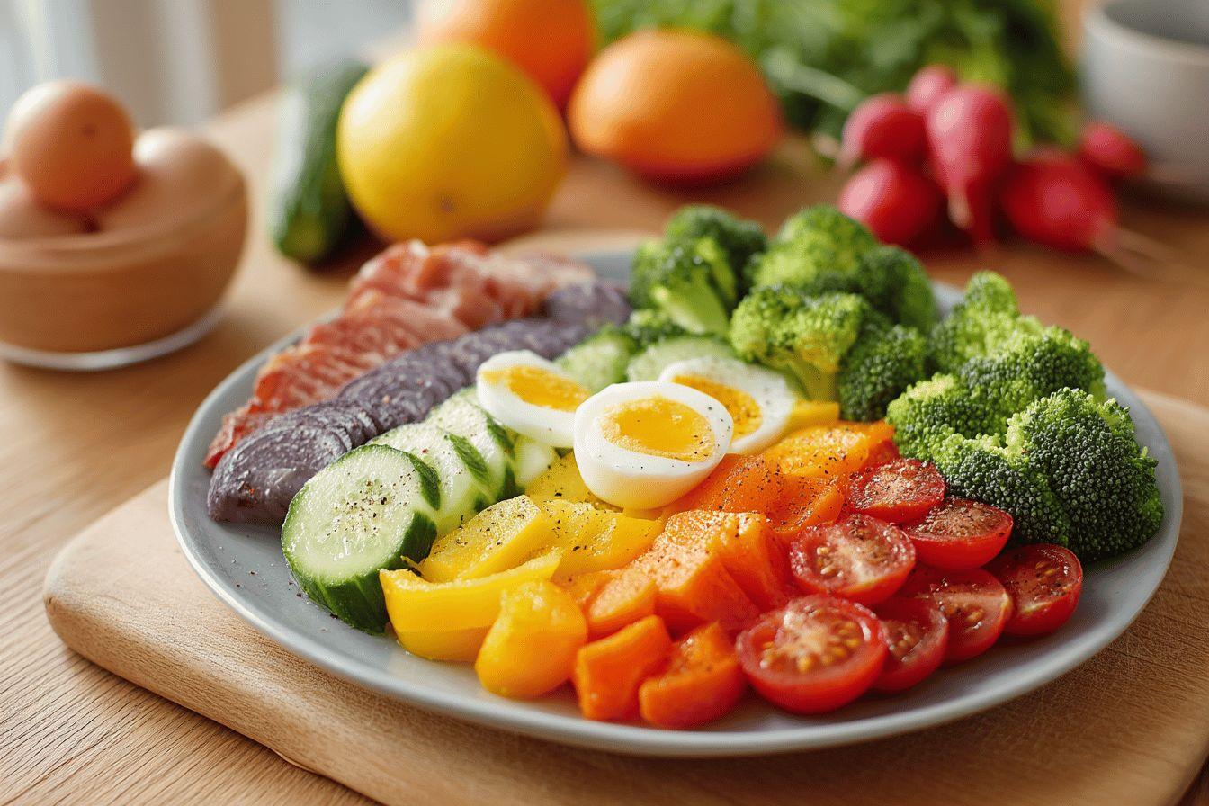 Assiette avec œufs, légumes colorés et saucisse