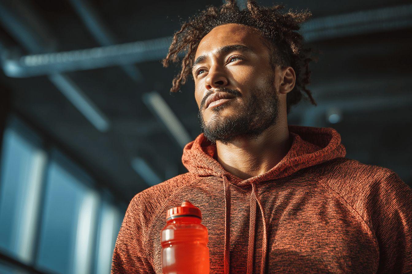 Homme sportif en sweat orange, tenant une bouteille d'eau