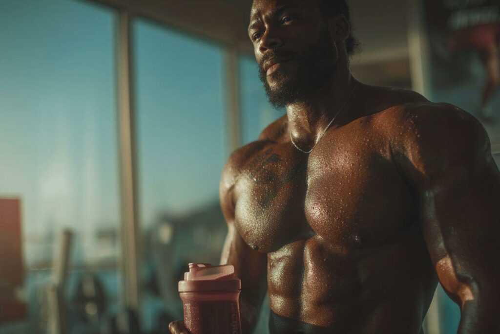 Sportif torse nu transpire avec bouteille de protéine
