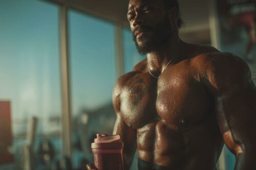Sportif torse nu transpire avec bouteille de protéine
