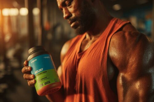 Homme en débardeur orange tenant un pot de complément sportif