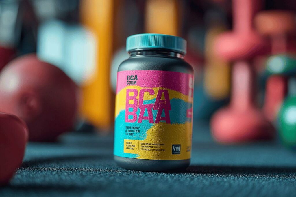 Bouteille de supplément de BCAA avec design graphique vibrant