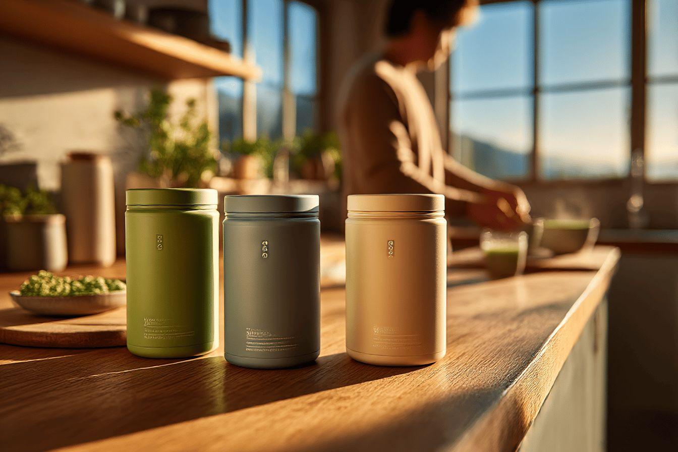 Trois bocaux colorés sur une surface en bois près d'une fenêtre