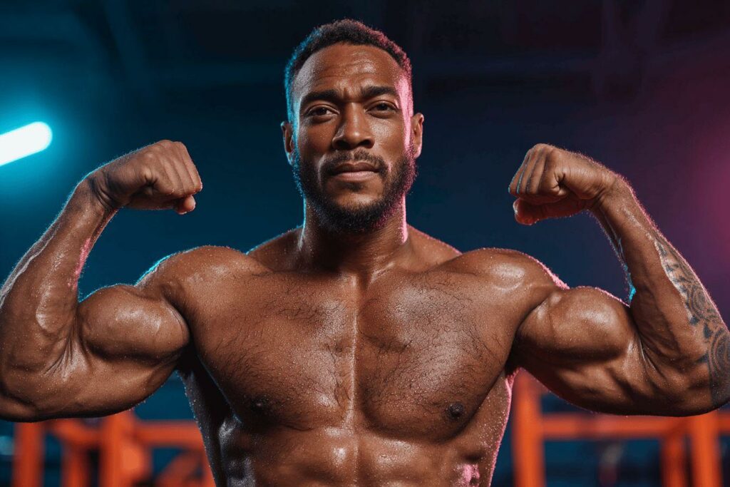 Homme torse nu montrant ses muscles dans un gymnase