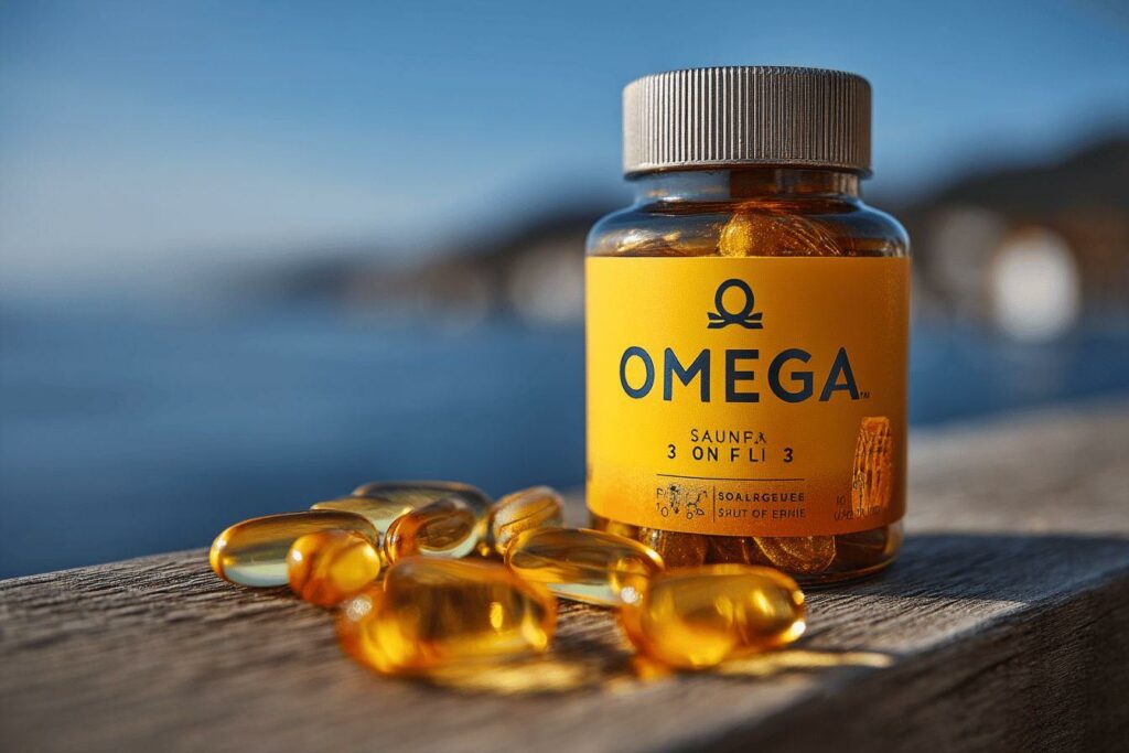 Bouteille jaune de suppléments Omega avec capsules dorées