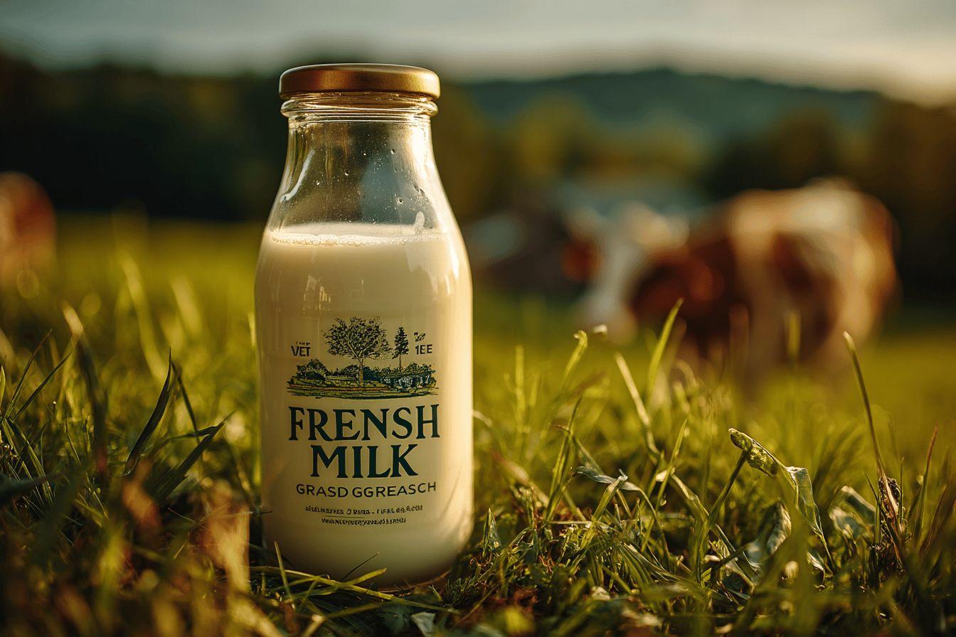 Bouteille de lait dans l'herbe avec vaches en arrière-plan