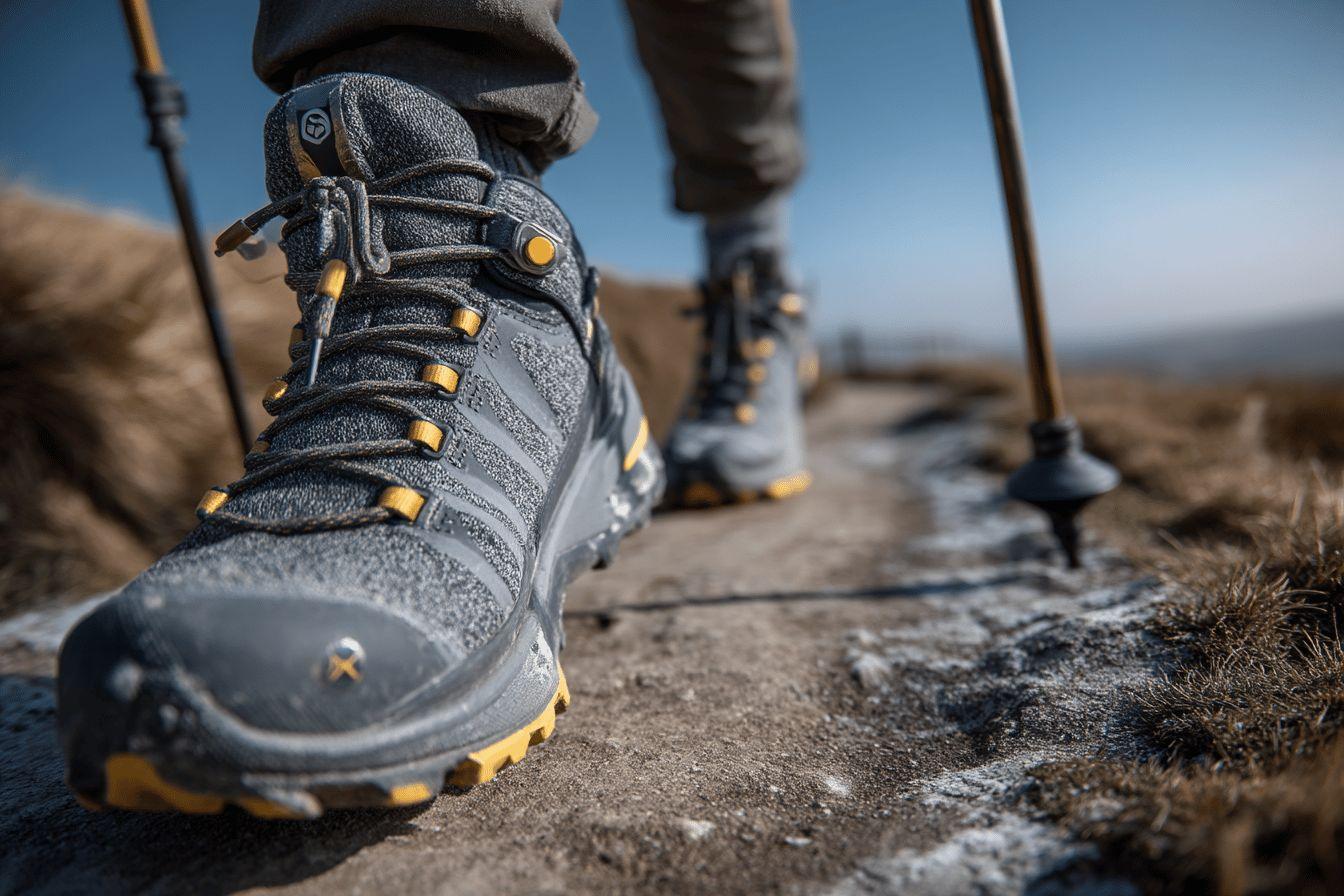 Gros plan de chaussures de marche grises et jaunes