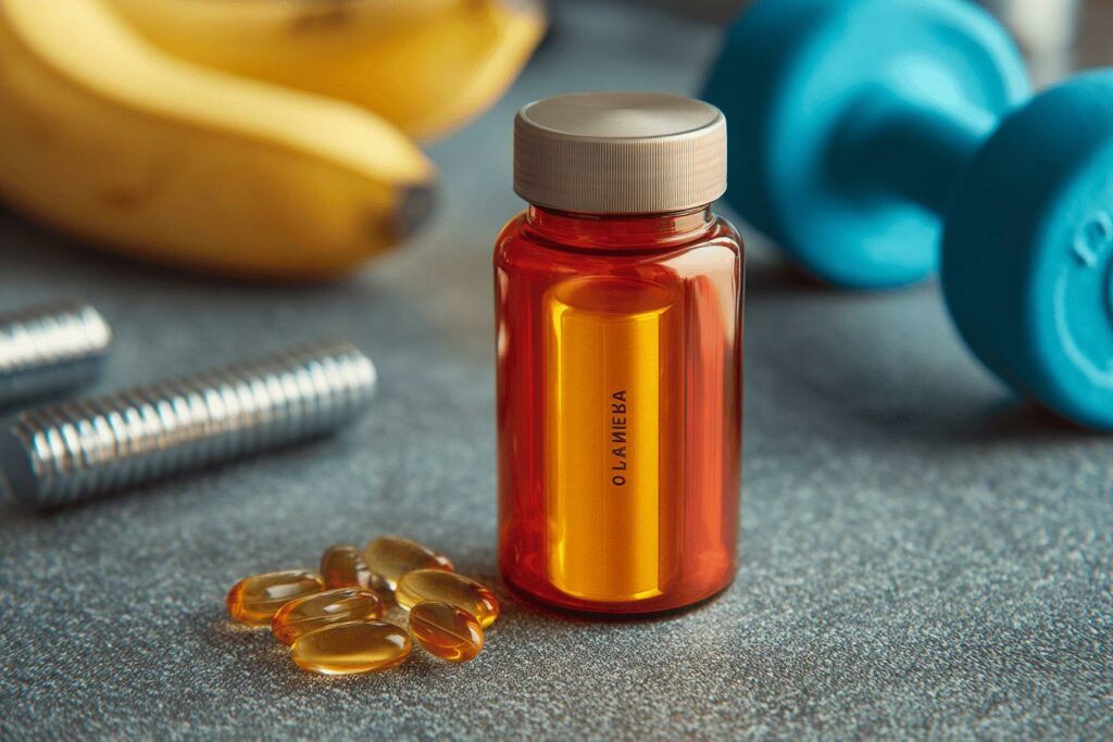 Bouteille de suppléments, capsules et haltères bleus sur surface grise