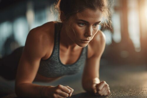 Femme sportive en position de planche, regard intense