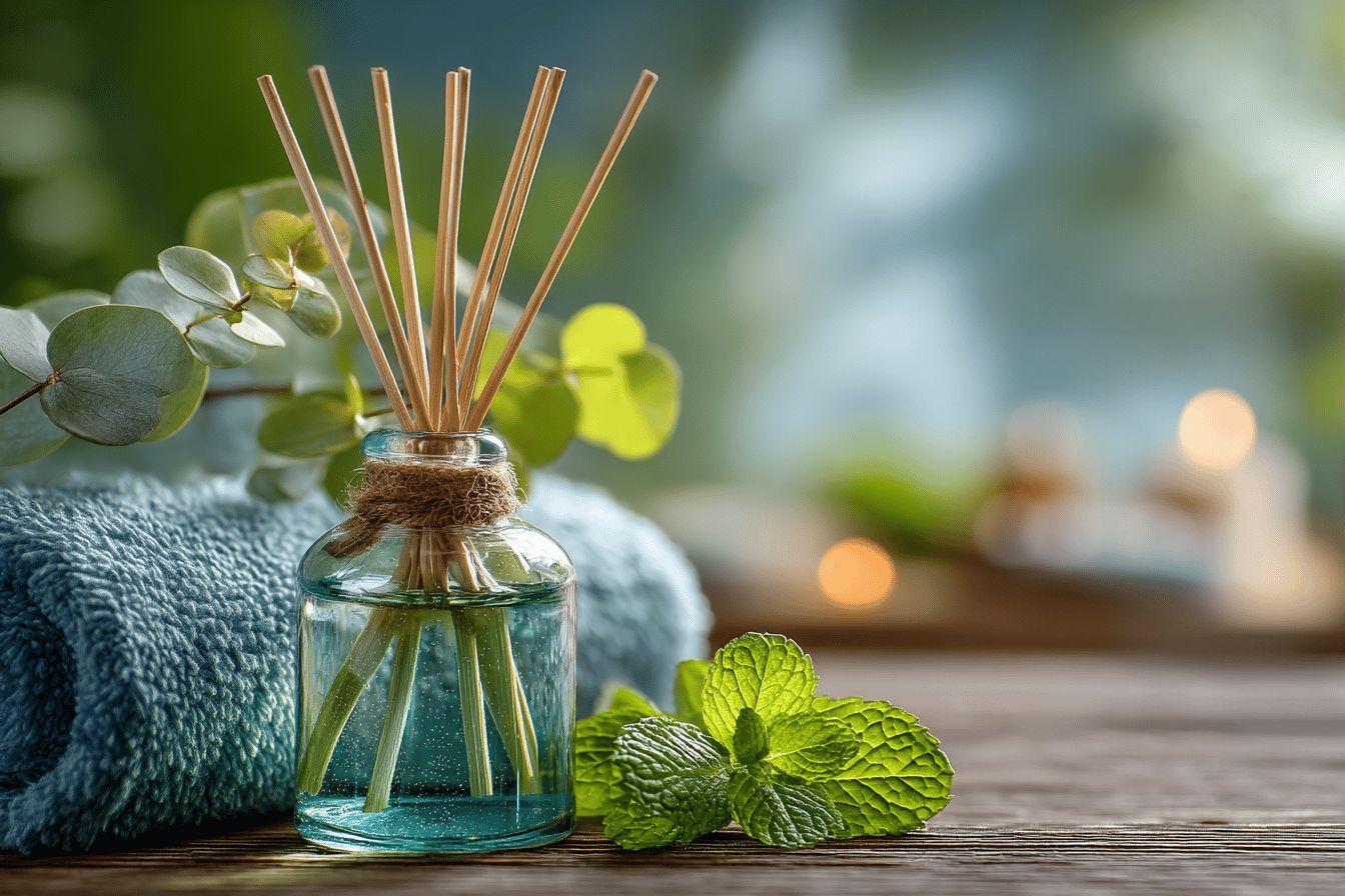 Flacon de parfum avec bâtonnets et feuilles de menthe