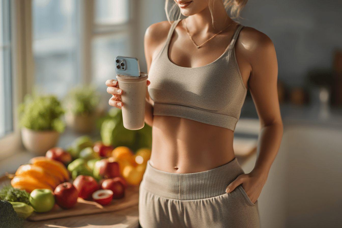 Femme athlétique avec smoothie et fruits frais