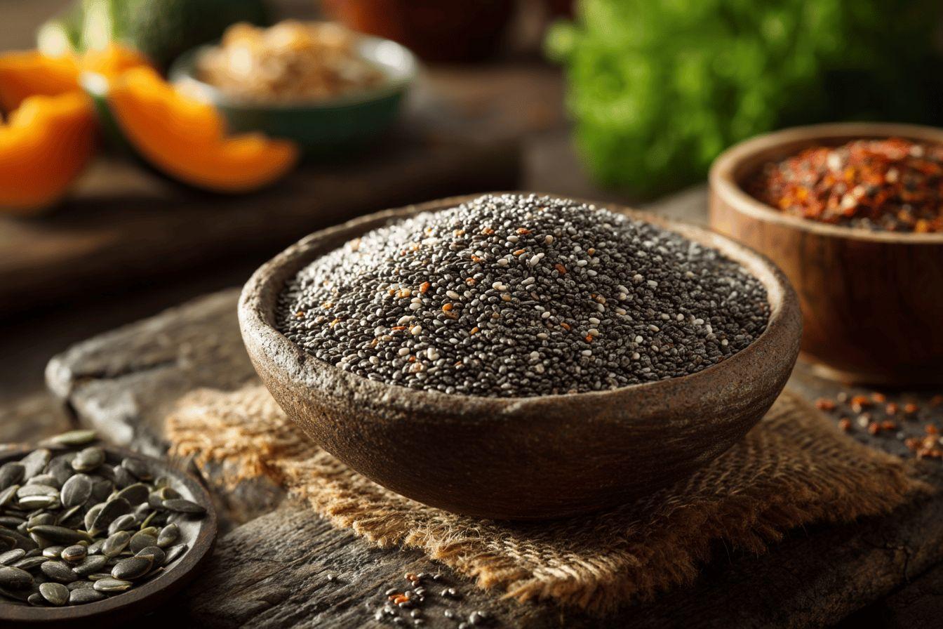 Bol de graines de chia avec des légumes en arrière-plan