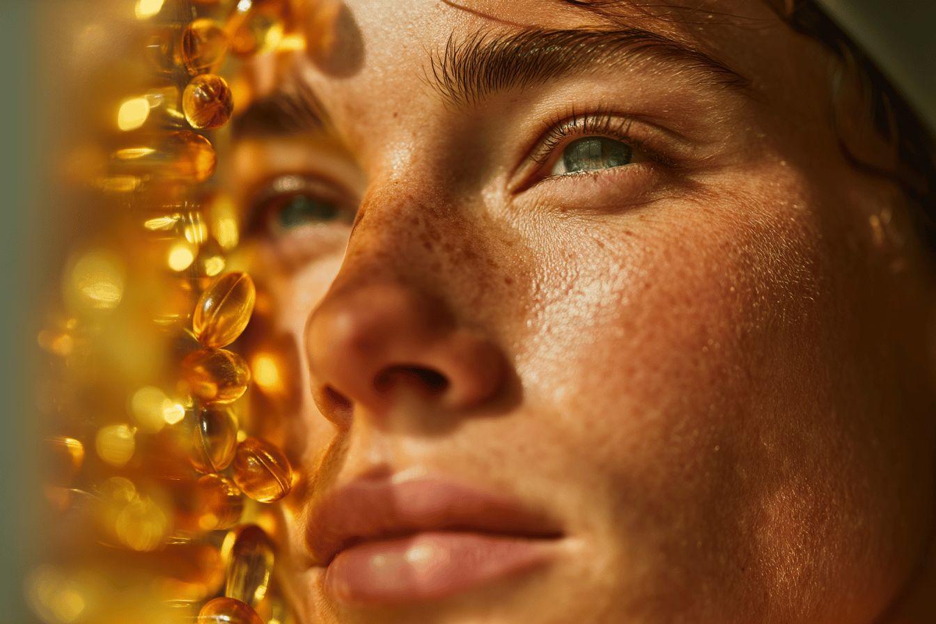 Visage avec taches de rousseur et capsules de vitamine ambrées