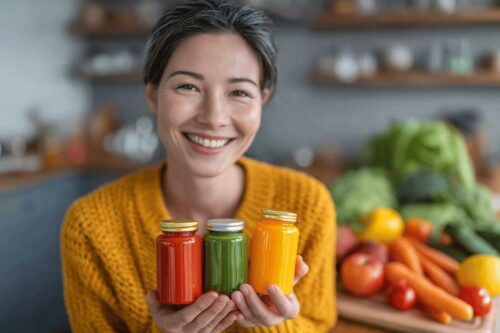 Femme souriante tenant trois bocaux de jus de légumes colorés