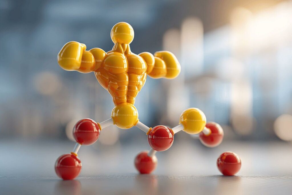 Molécule jaune et rouge en forme de corps musclé