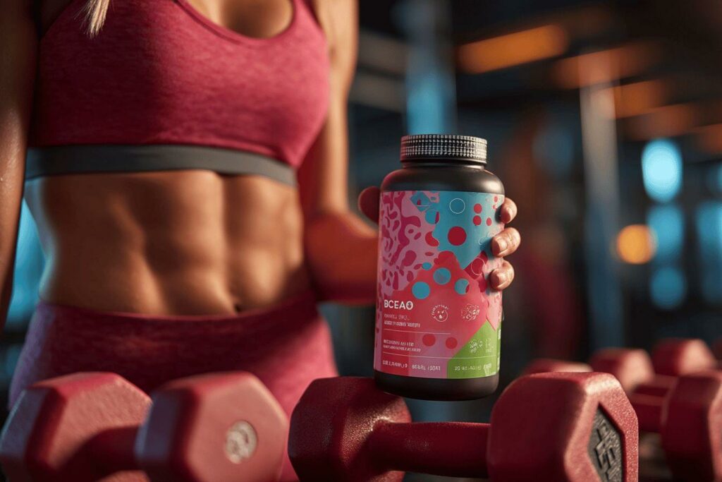 Bouteille de supplément BCAA près d'haltères et athlète en tenue de sport