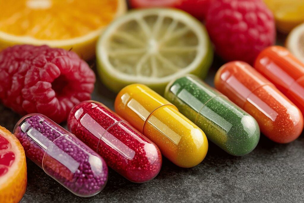 Capsules brillantes entourées de framboises et d'agrumes