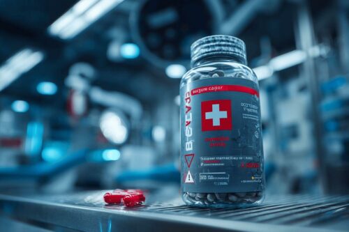 Bouteille de médicaments avec capsules rouges en laboratoire