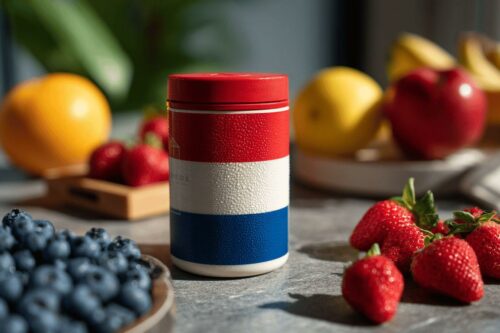 Pot rayé rouge, blanc, bleu entouré de fruits