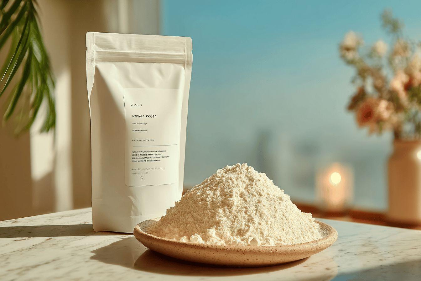 Sachet et tas de poudre blanche sur surface en marbre