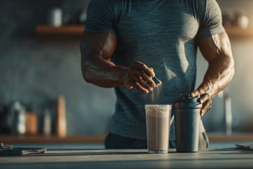Athlète mélangeant une boisson protéinée dans un verre