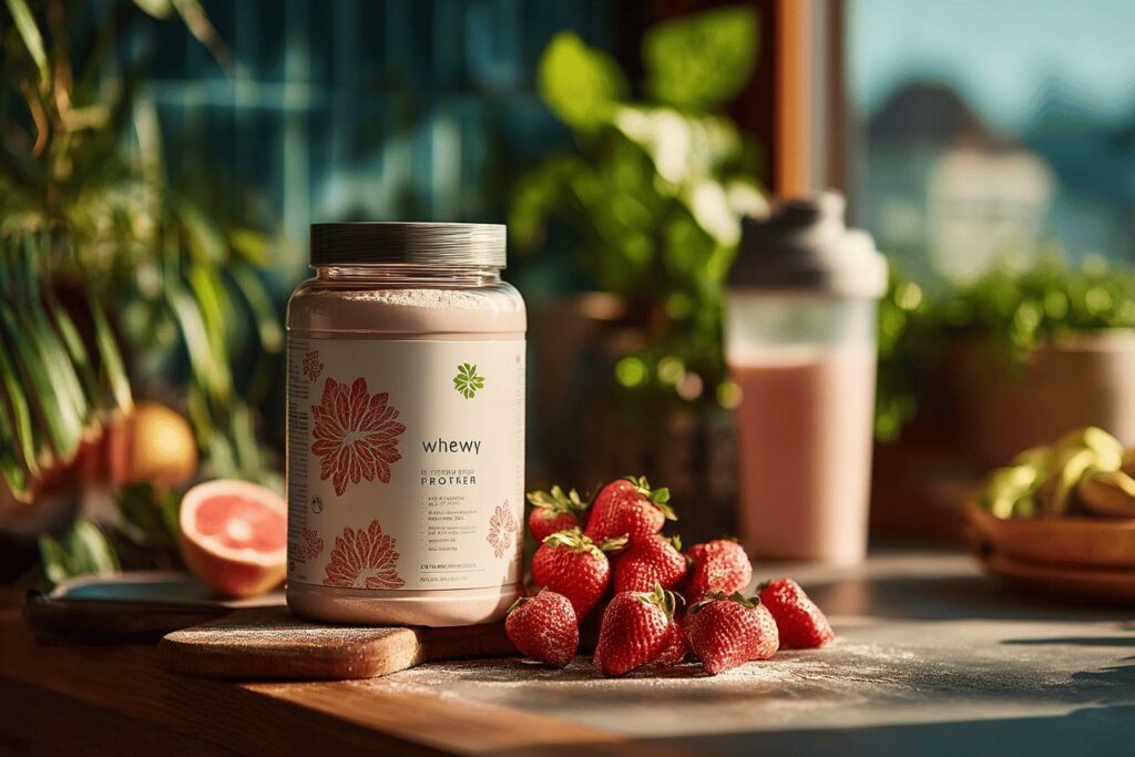 Pot de protéine avec fraises fraîches sur une surface en bois