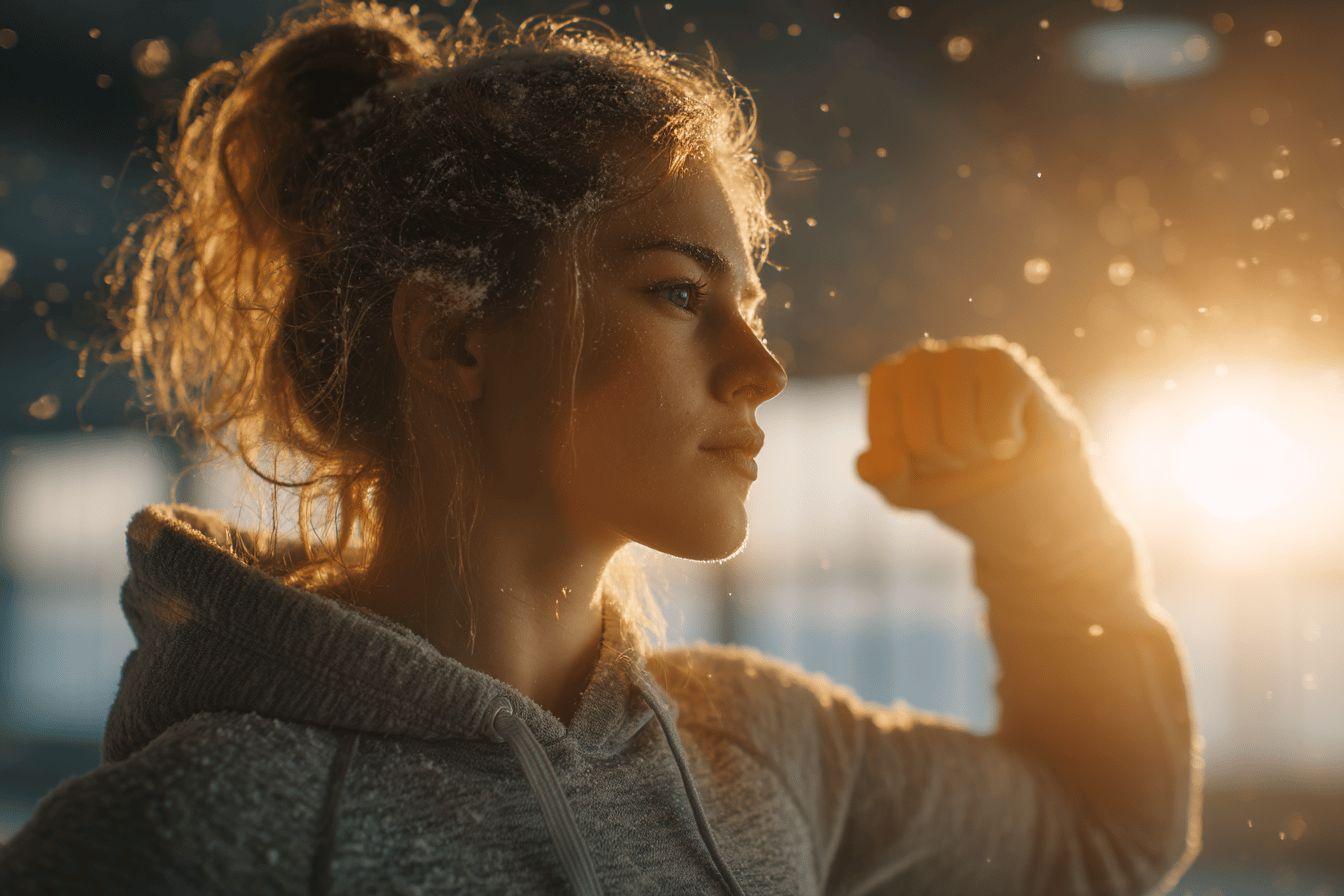 Profil d'une personne concentrée, poing levé, lumière dorée