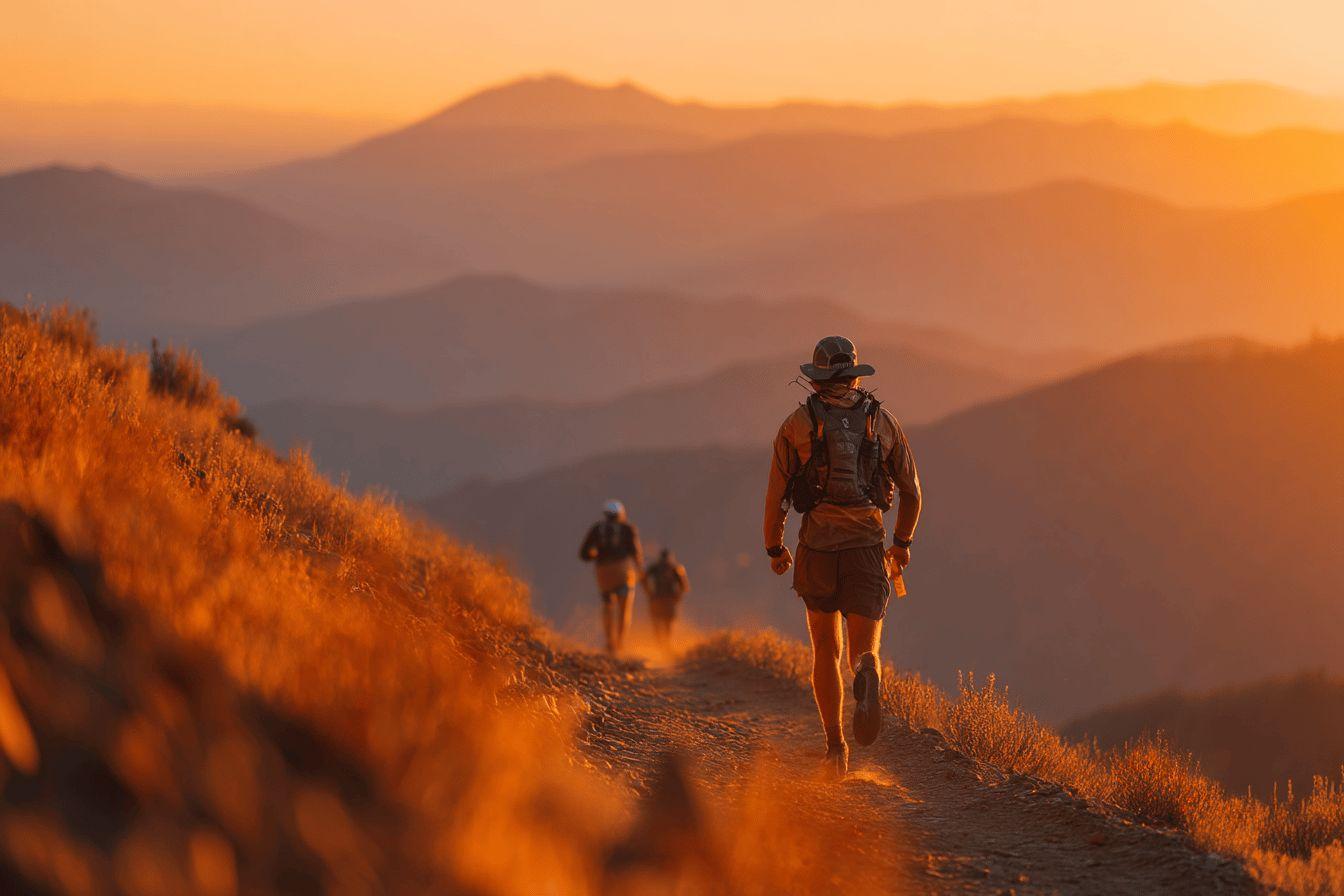 Trois randonneurs sur un sentier de montagne doré