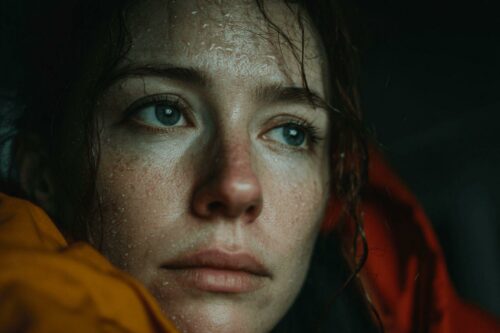 Visage mouillé avec des yeux bleus perçants et une veste jaune