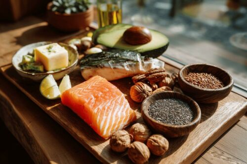 Planche en bois avec saumon, avocat, graines, noix et citron