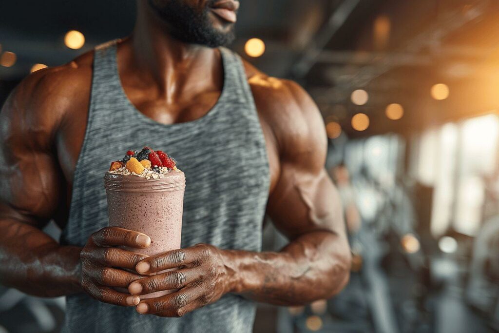 Boisson protéinée avec fruits frais tenue par athlète musclé