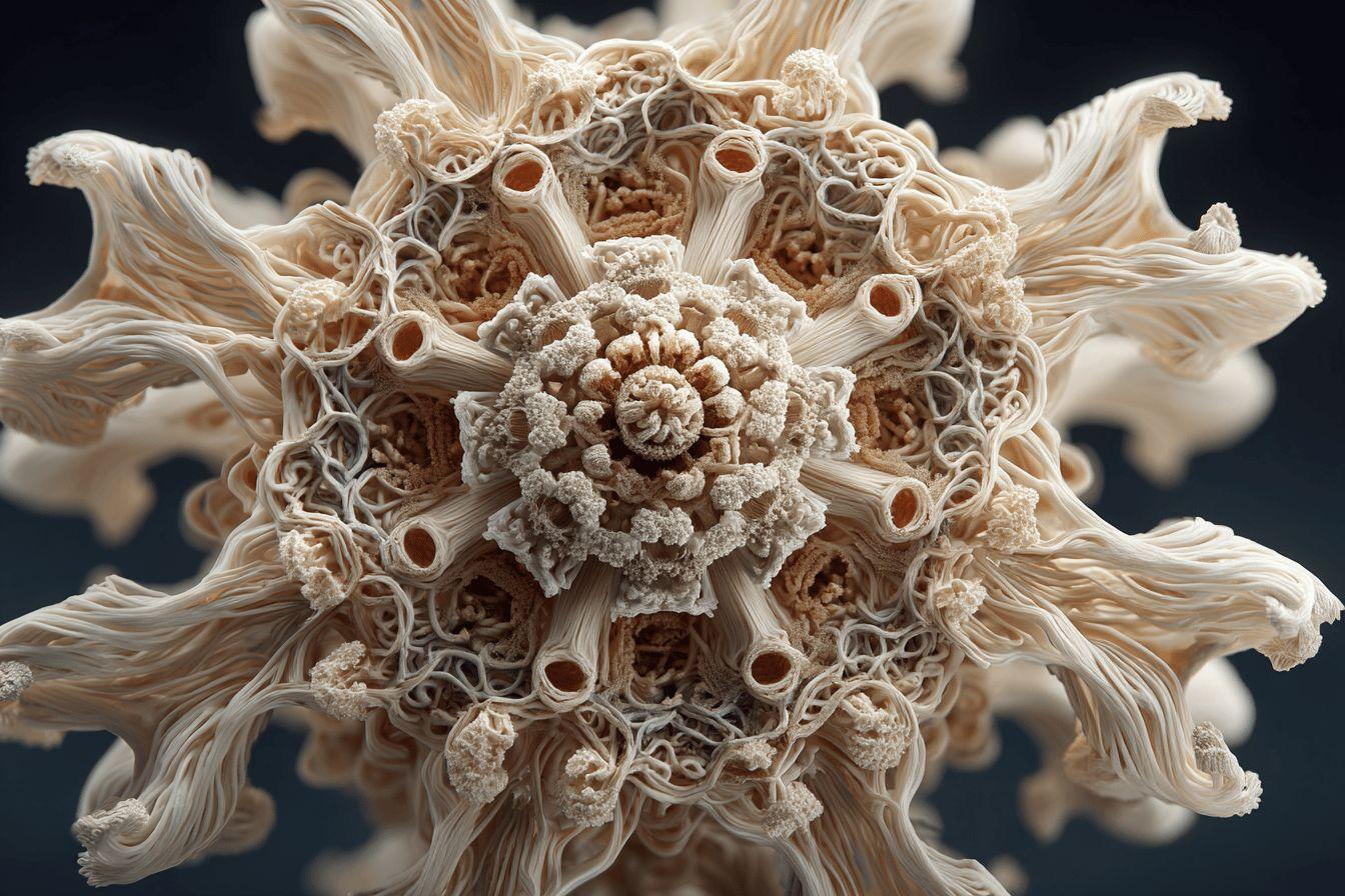 Détail microscopique d'une structure biologique aux formes intriquées