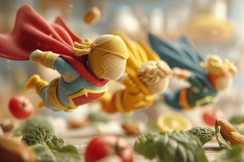 Figurines colorées de superhéros volant au-dessus de légumes