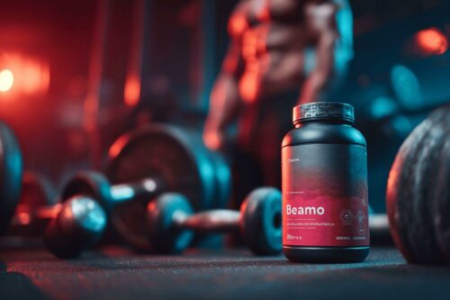 Pot de supplément nutritif Beamo près d'haltères en ambiance rouge