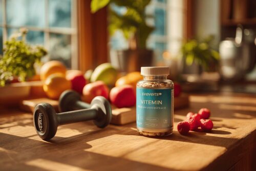 Bouteille de vitamines, fruits et haltères sur une table en bois