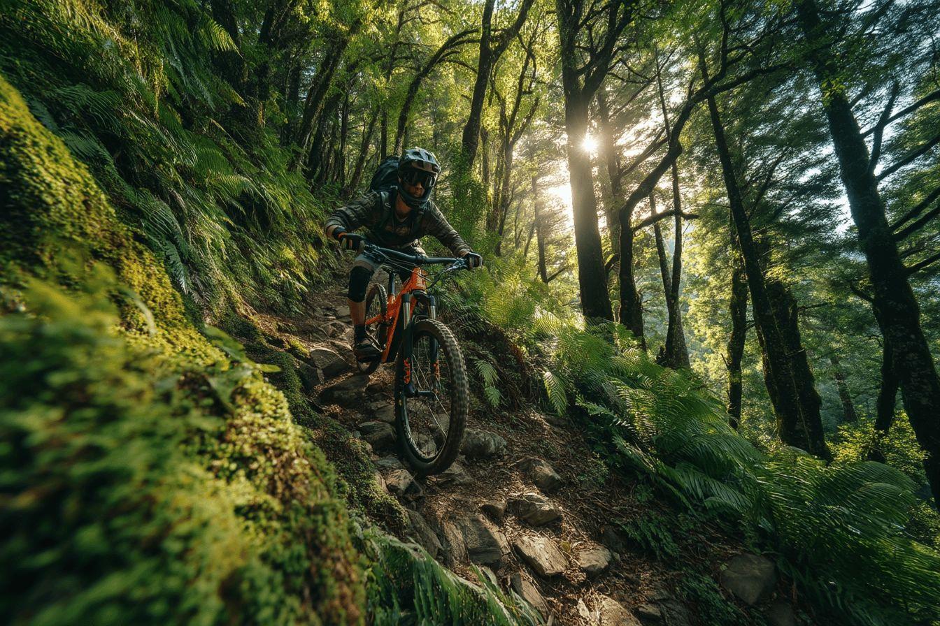 Cycliste descendant un sentier rocheux dans une forêt lumineuse