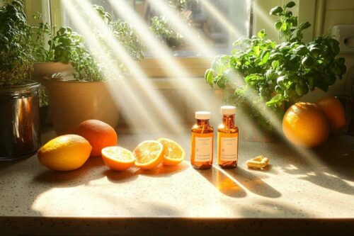 Oranges et citrons près de flacons au soleil