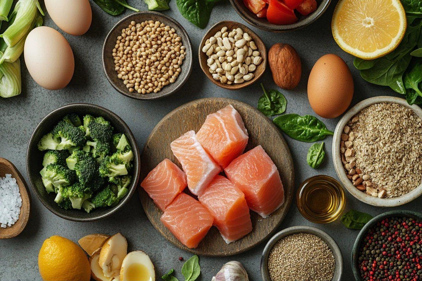 Variété d'ingrédients nutritifs : saumon, œufs, légumes, graines
