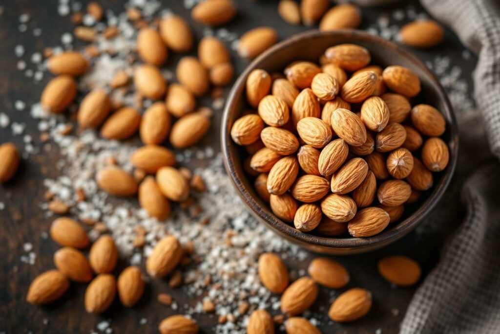 Bol en céramique rempli d'amandes entourées de graines