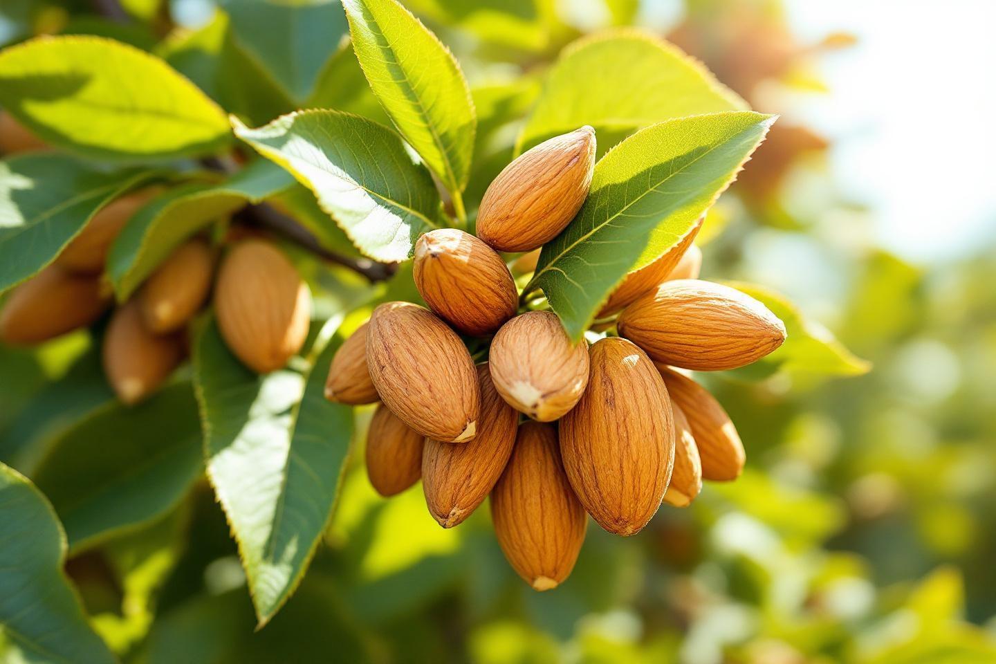 Gros plan sur des amandes dorées parmi des feuilles vertes