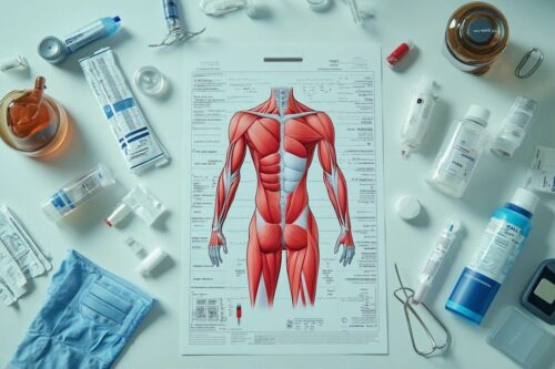 Diagramme musculaire entouré de flacons, seringues et matériel médical