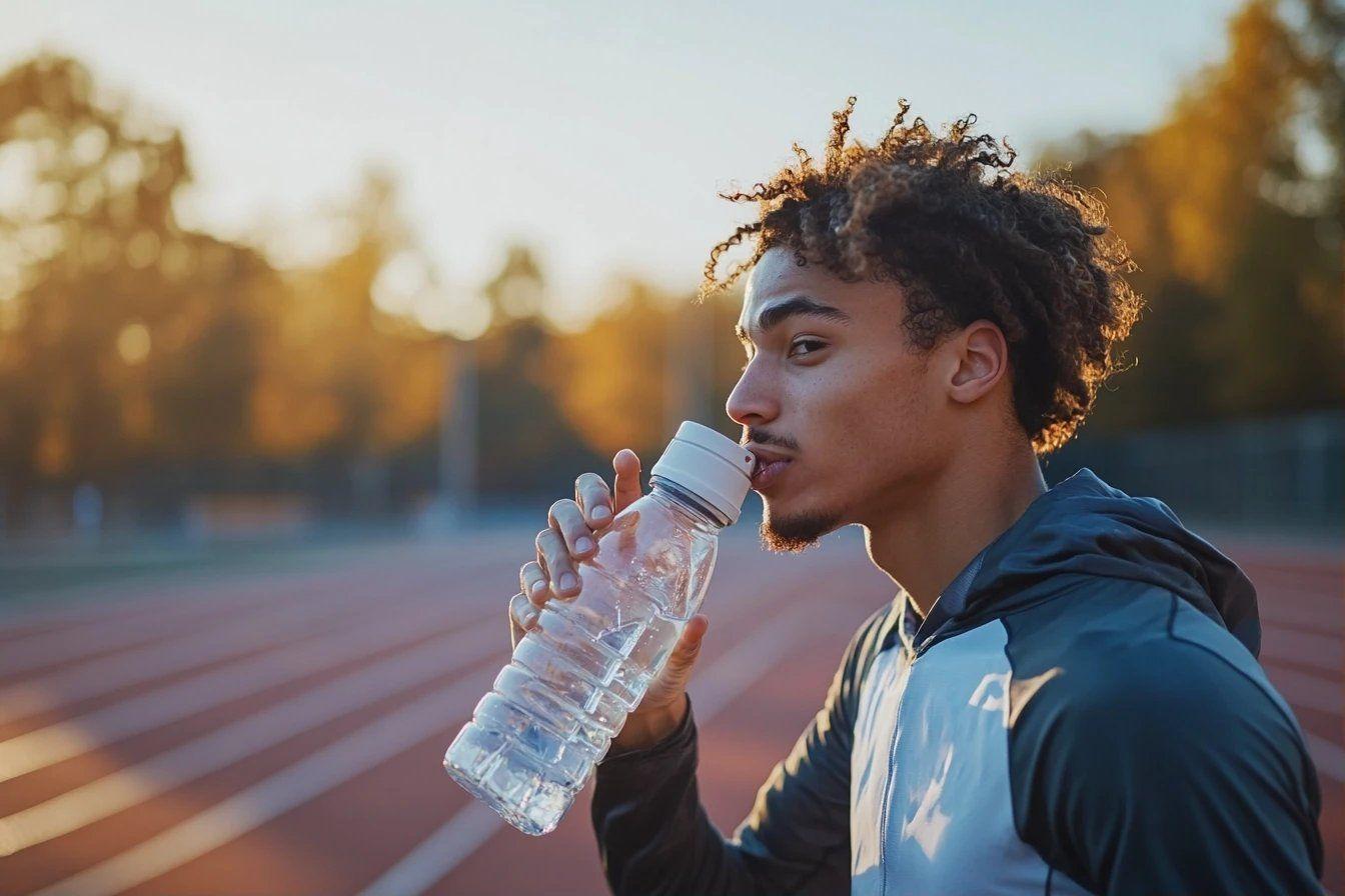 Jeune sportif hydraté sur piste d'athlétisme au coucher du soleil