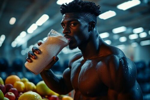 Homme musclé boit un smoothie dans un environnement de fruits