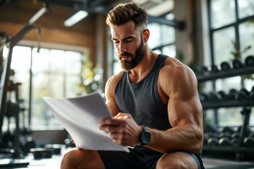 Homme musclé lisant un papier dans une salle de sport
