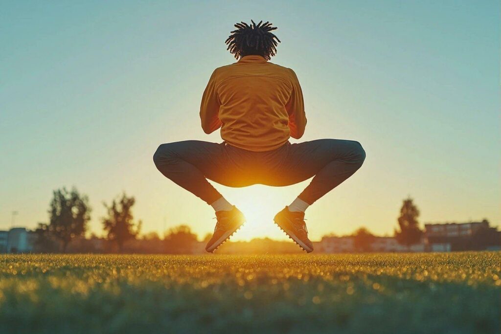 Silhouette accroupie sur un terrain de sport au coucher de soleil