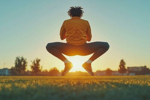 Silhouette accroupie sur un terrain de sport au coucher de soleil