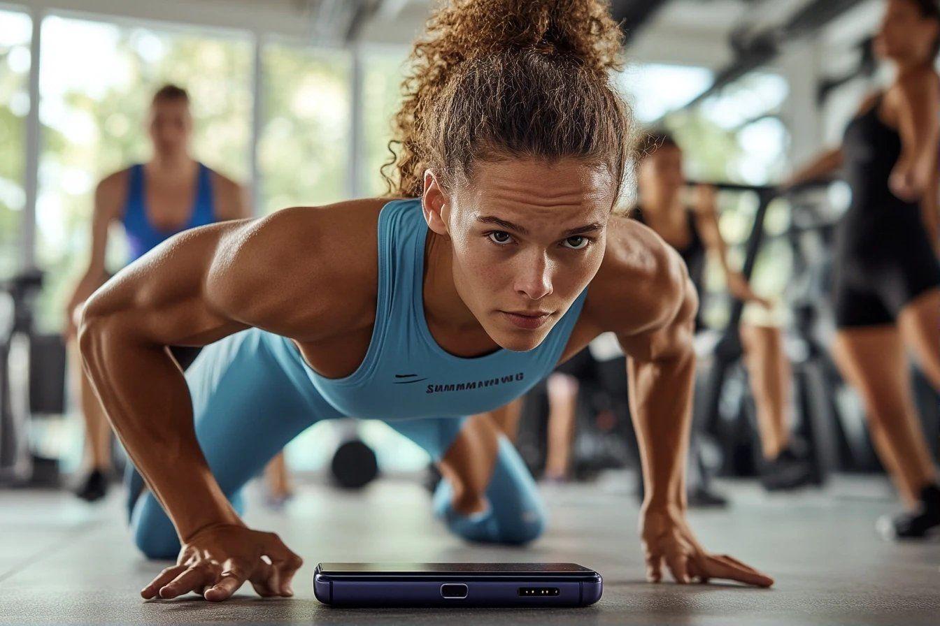 Femme concentrée faisant une planche dans une salle de sport