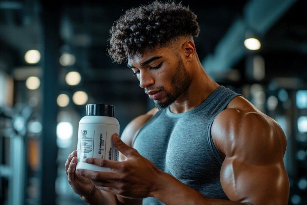 Sportif musclé regardant attentivement un flacon de complément