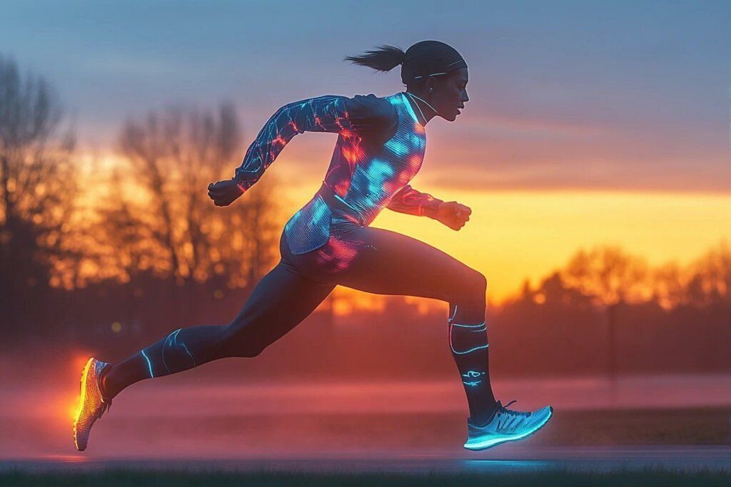 Coureuse en tenue lumineuse courant au lever du soleil