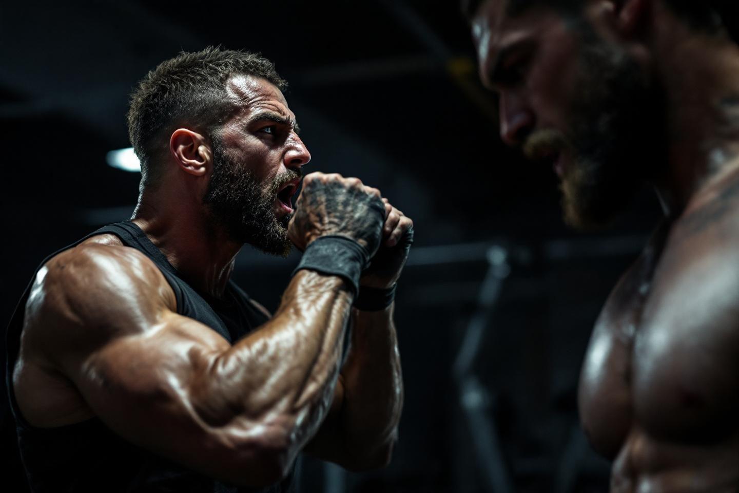 Homme musclé en sueur, grimace d'effort pendant l'entraînement